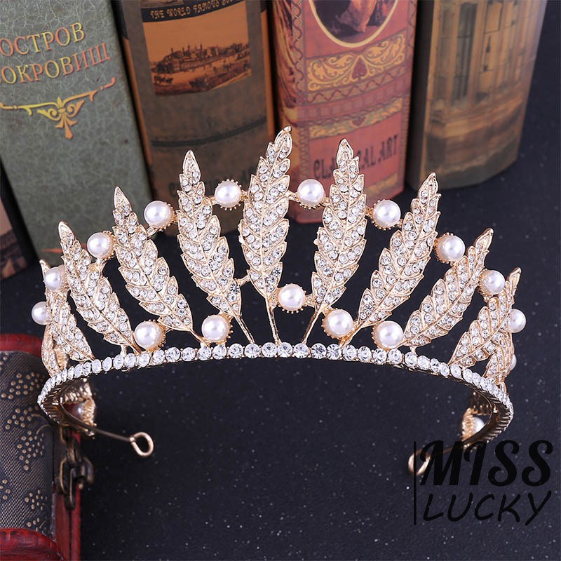 Vương miện thiết kế dạng lá đính kim cương giả sang trọng cho cô dâu