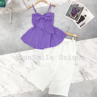 Set áo 2 dây nơ ngực tím hot trend kèm quần trắng