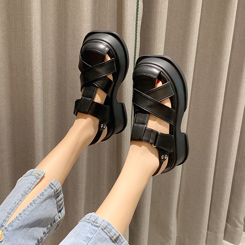 Giày sandal đế dày IELGY mũi tròn màu sắc retro thời trang dành cho nữ