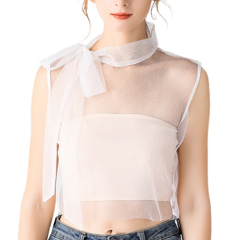 Cổ Áo Sơ Mi Lưới Đính Kim Sa Và Nơ Họa Tiết Chấm Bi Có Thể Tháo Rời Thời Trang Cho Nữ