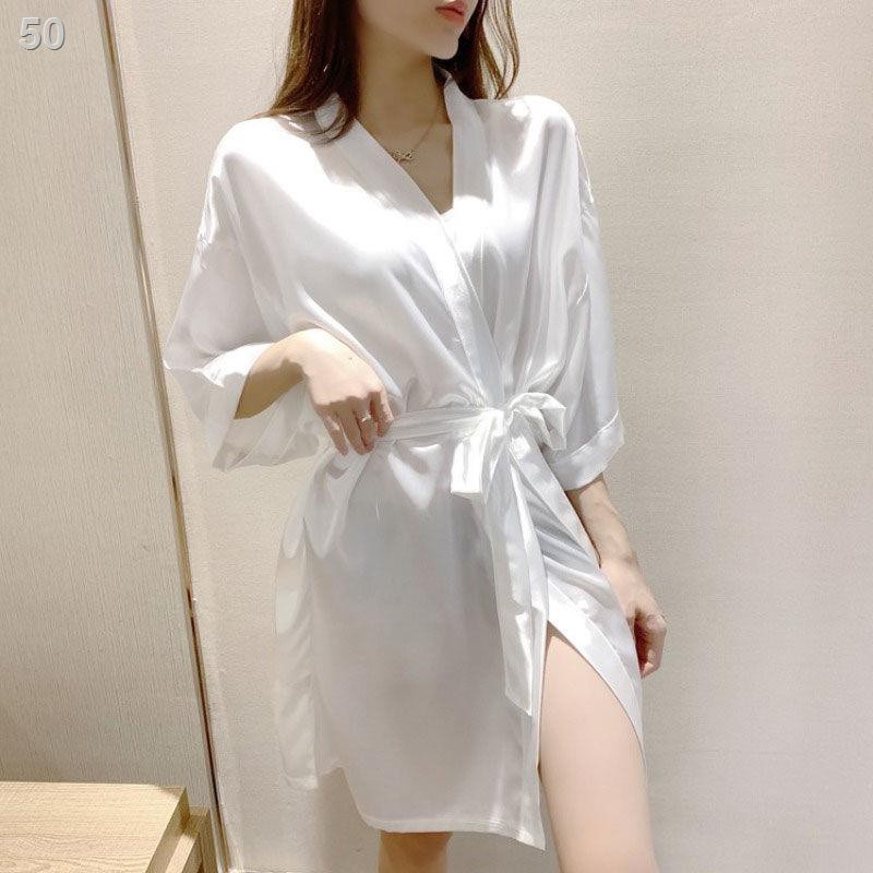 Đồ ngủ nữ lụa băng mùa hè mỏng trắng sexy váy trung tâm kimono khách sạn áo choàng tắm xuân và thu buổi sáng ph