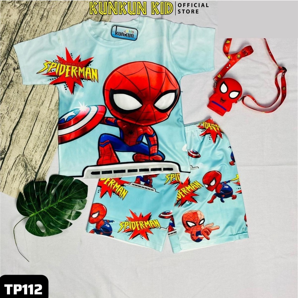 Quần áo trẻ em in hình người nhện spiderman size đại 10-40kg KunKun TP112 - Bộ cộc tay bé trai 3-12 tuổi chất thun lạnh