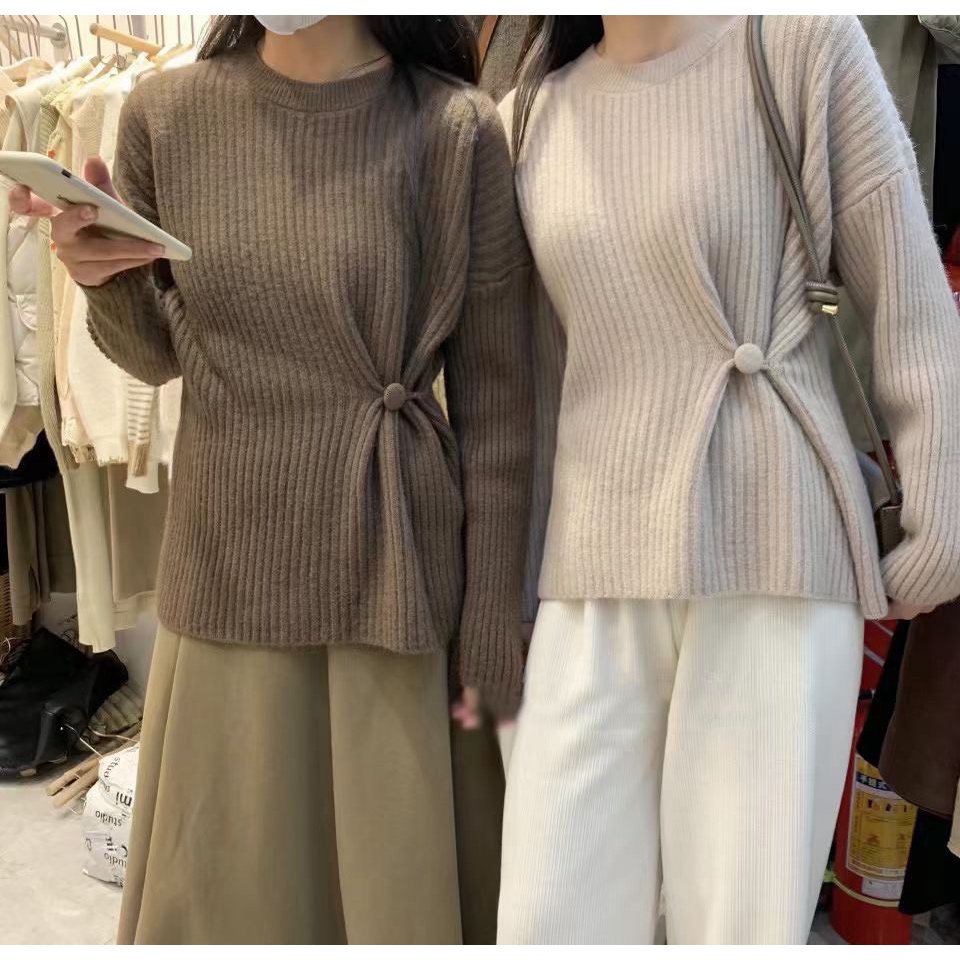 Áo len nữ dài tay trơn thắt nút phong cách Hàn Quốc 2021