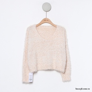 Áo len lông mịn cổ v tay dài dáng croptop