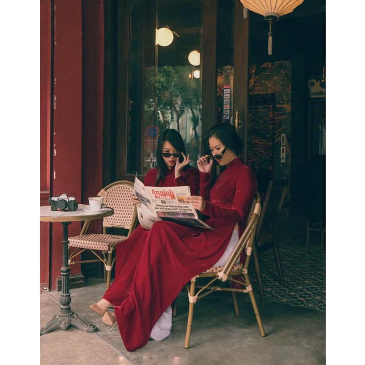 Áo Dài Nhung Đỏ Đậm Truyền Thống May Sẵn Chất Vải Cao Cấp Sang Trọng Mặc Dự Tiệc Lễ Tết Đẹp