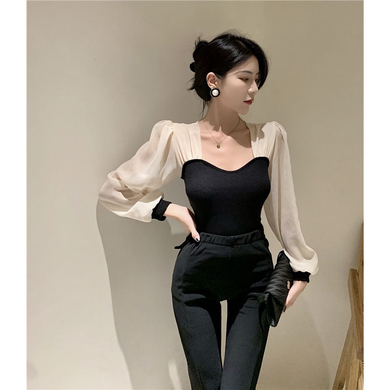 Áo Sơ Mi Dài Tay Cổ Vuông Phong Cách Pháp Cho Nữ