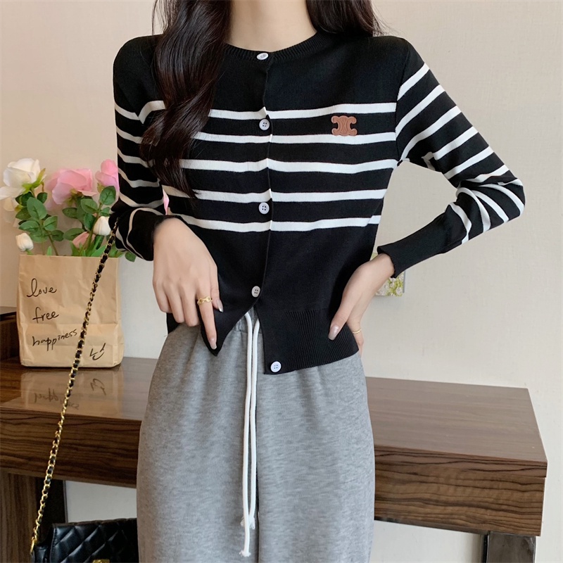 Áo cardigan dệt kim SUXI tay dài dáng rộng cổ tròn họa tiết kẻ sọc phong cách vintage Hàn Quốc
