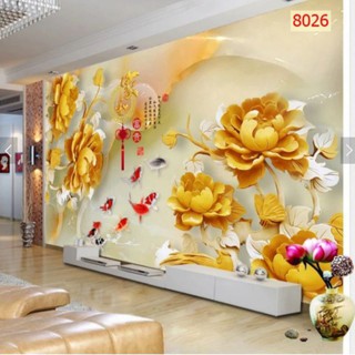tranh dán tường 3D hoa mẫu đơn in Vải Lụa ngang 210 x 147cm