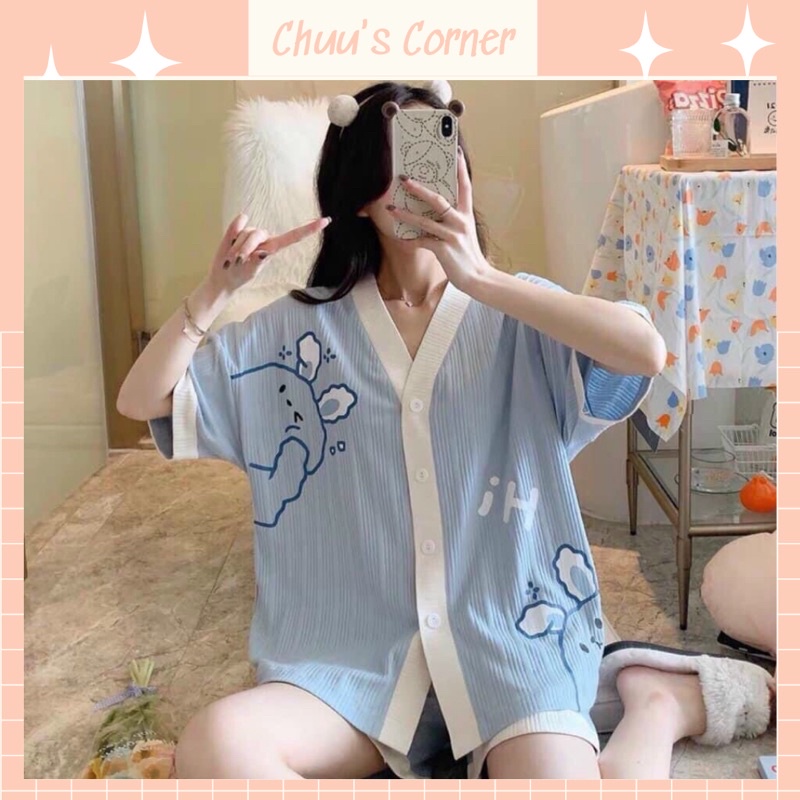 Bộ đồ ngủ nữ pijama thun gân cotton mềm mịn hoạ tiết dễ thương