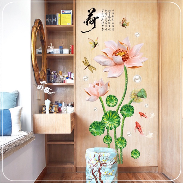 ⚡️𝐅𝐑𝐄𝐄 𝐒𝐇𝐈𝐏⚡️ Decal dán tường HOA SEN CAM chống thấm nước, decal hít công nghệ cao