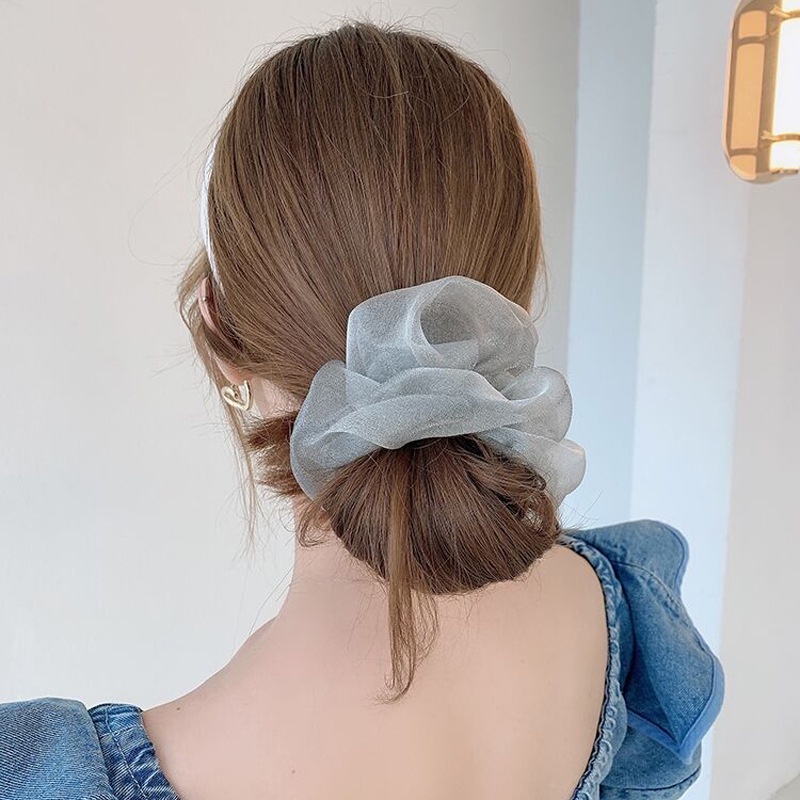 Dây cột tóc scrunchies màu trơn phối lưới vải voan bản to hot trend Hàn Quốc Tatitava
