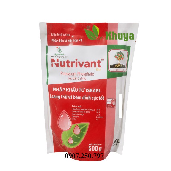 Phân bón lá hỗn hợp PK Nutrivant Plus Rice 500gr Loang trải và bám dính cực tốt