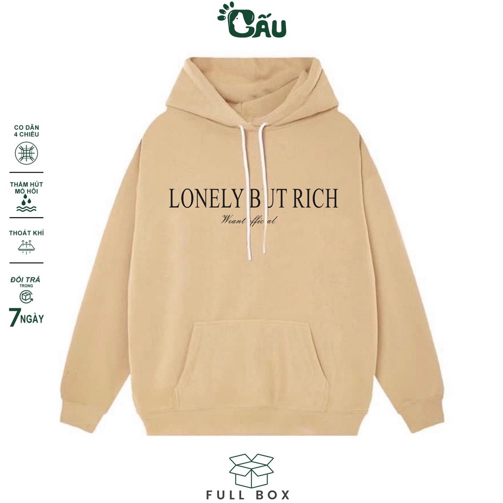 Áo hoodie GẤU 194 vải thu đông co dãn, dày dặn mềm mịn form rộng phong cách Unisex - HD Lonely But Rich