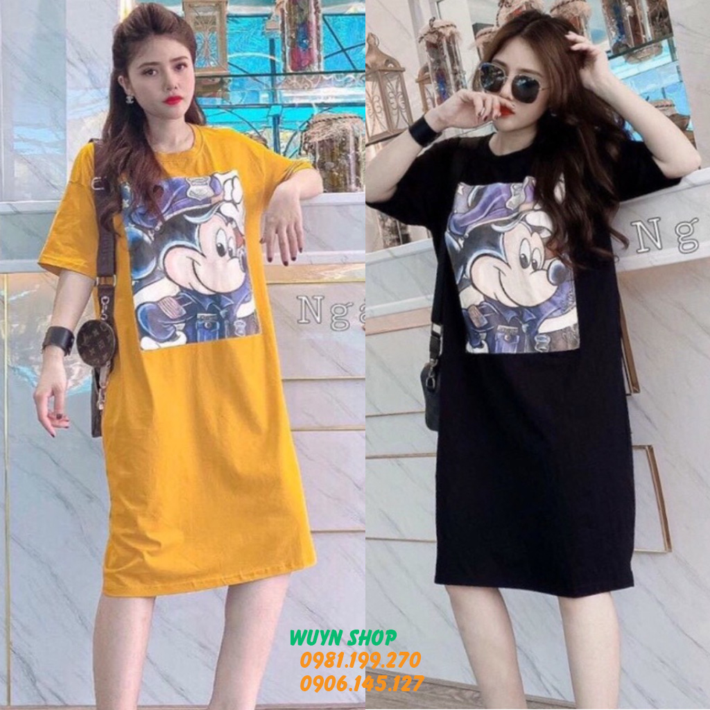 Váy Suông Nữ In Hình Chuột Mickey Dễ Thương, Đầm Suông Nữ Cổ Tròn Dáng Rộng