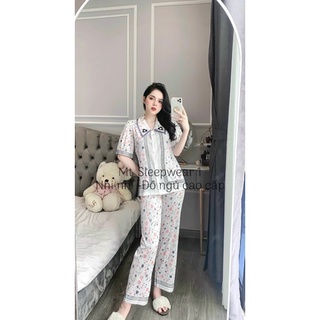 Pyjama cộc dài lụa xước hoạ tiết bài xinh