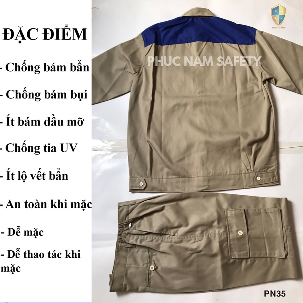 Bộ quần áo bảo hộ lao động vải Kaki màu ghi đậm phối xanh dương – PN35, BHLĐ Phúc Nam