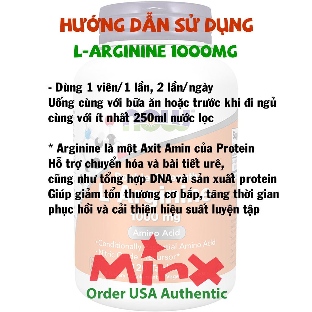 Viên uống bổ sung Now L-Arginine 500mg và 1000mg - Now L Arginine hỗ trợ tim mạch, gan, sinh lý - MINX Store