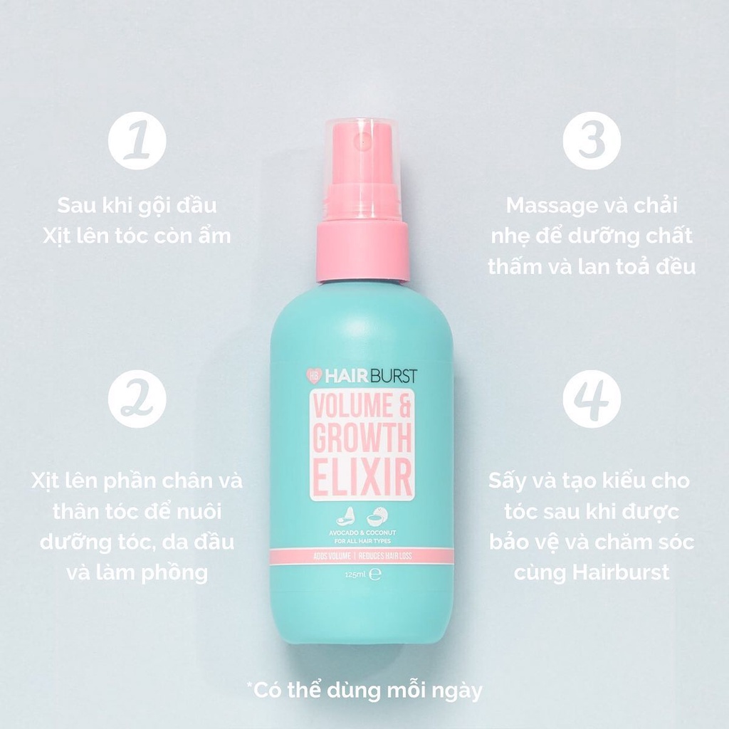 Xịt Dưỡng Tóc Hairburst Volume And Growth Elixir Chiết Xuất Bơ &amp; Dừa 125ml