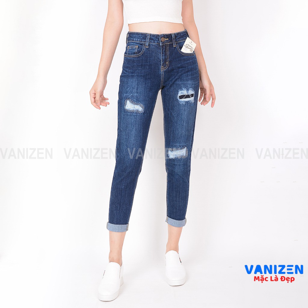 Quần jean nữ ống rộng baggy đẹp lưng cao cạp căn bản rách đắp thêu hàng hiệu cao cấp mã 454 VANIZEN