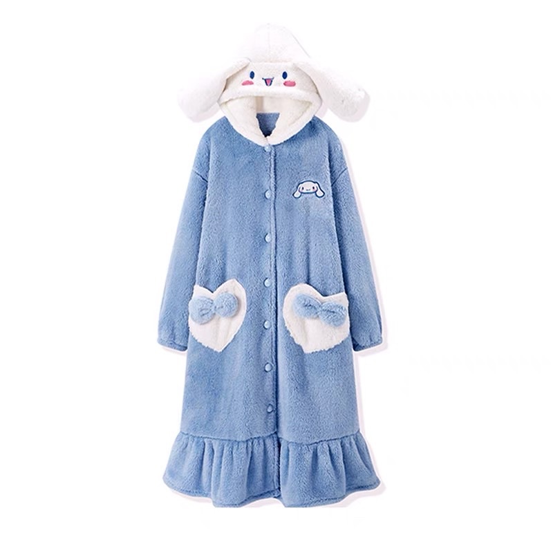 Váy ngủ bông xanh túi tim đính nơ mũ hình Stitch đáng yêu