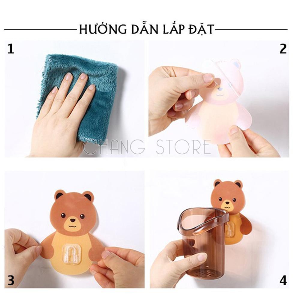 Ly cốc đựng bàn chải kem đánh răng dán tường hình gấu chất liệu nhựa cao cấp, độ bền cao