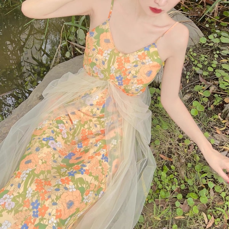 Váy hoa phối dây voan