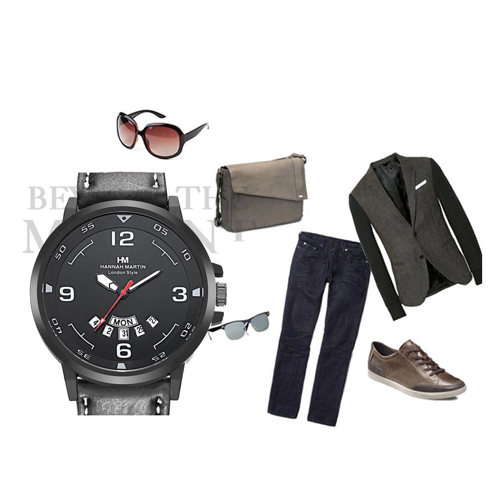 Men Sports Calendar Watch Analogue Quartz Watch with Leather Armband Water Resistant Wristwatch White