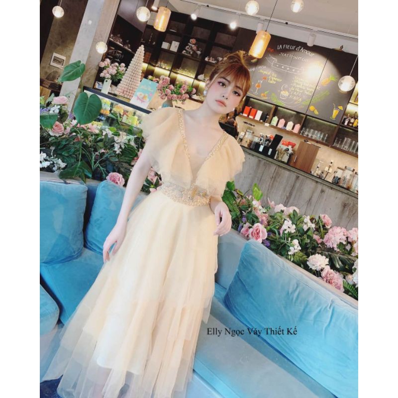 Đầm dư tiêc bèo vai tiểu thư tần maxxi kèm ảnh thât