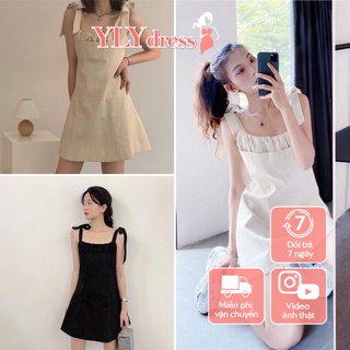 Váy thắt nơ vai nhún ngực 2 màu - Váy hai dây buộc nơ vai hở lưng dáng xòe phom rông chất thô giá siêu rẻ C292