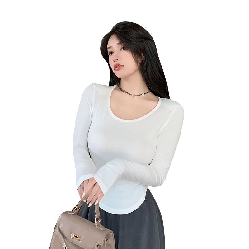 SUXI Áo Thun Tay Dài Cổ Chữ U Màu Sắc Đơn Giản Cho Nữ