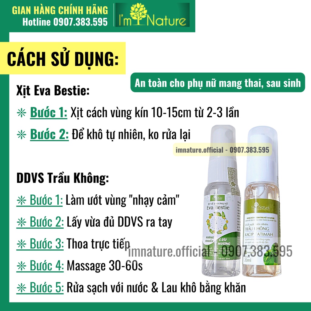 Set Mini/ Dung Dịch Vệ Sinh Phụ Nữ Trầu Không I'm Nature &amp; Xịt Khử Mùi Vùng Kín Eva Bestie