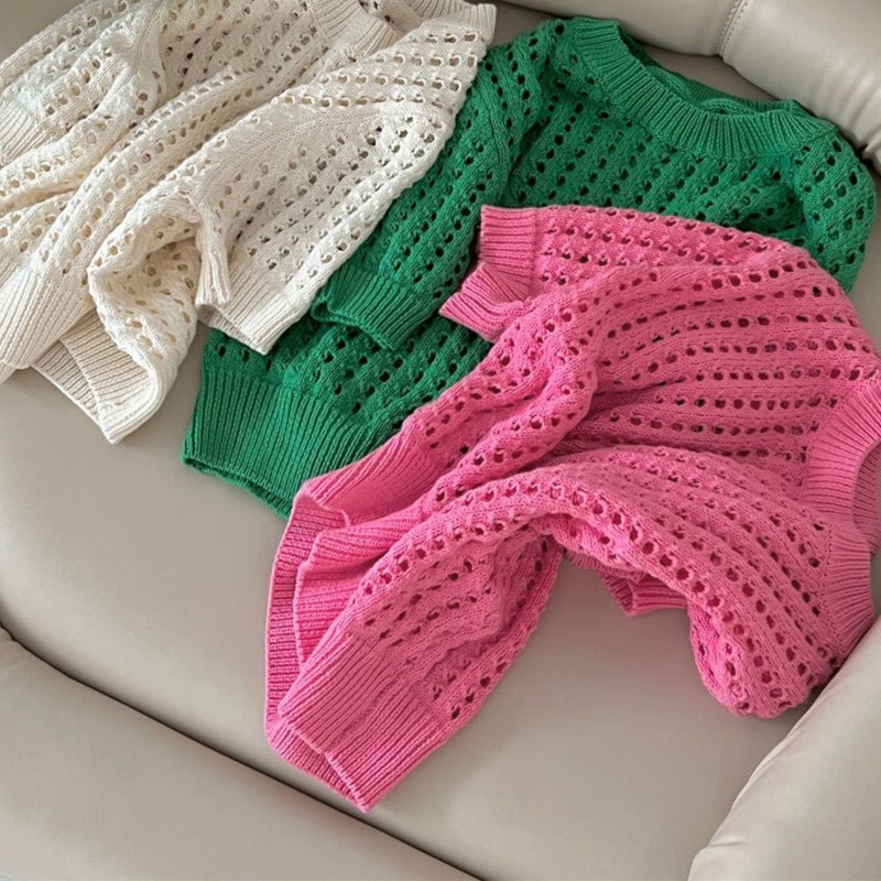 Áo Len Tay Ngắn Khoét Lỗ  Áo Croptop Kiểu Dáng Ngọt Ngào Phong Cách Retro