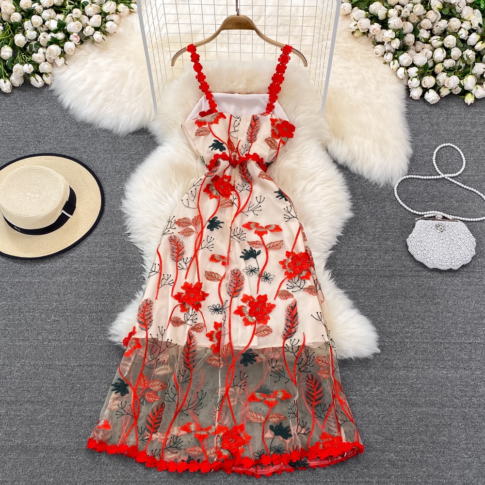 #1191  Đầm hai dây màu đỏ chất ren sexy đủ size