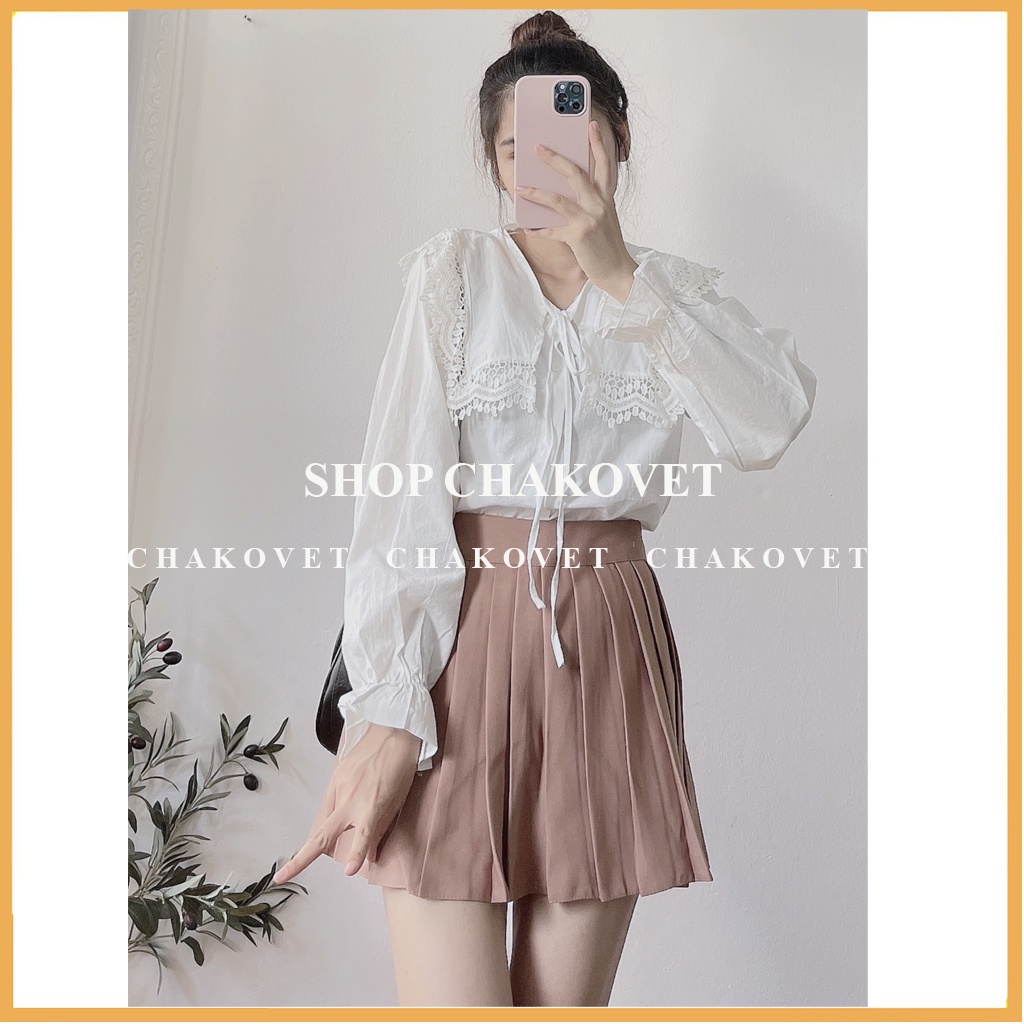 Áo kiểu nữ cổ tròn thắt nơ dây màu trắng cka833, kiểu áo sơ mi cổ bèo viền ren đẹp cá tính sành điệu freesize<55kg