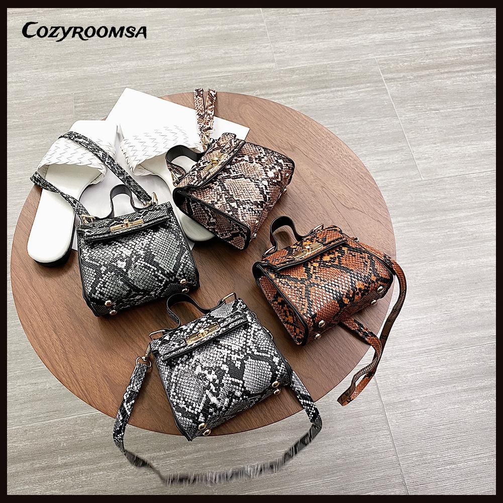 Retro Women Snake Pattern Mini Square Top-handle Handbag Flap Shoulder Bag