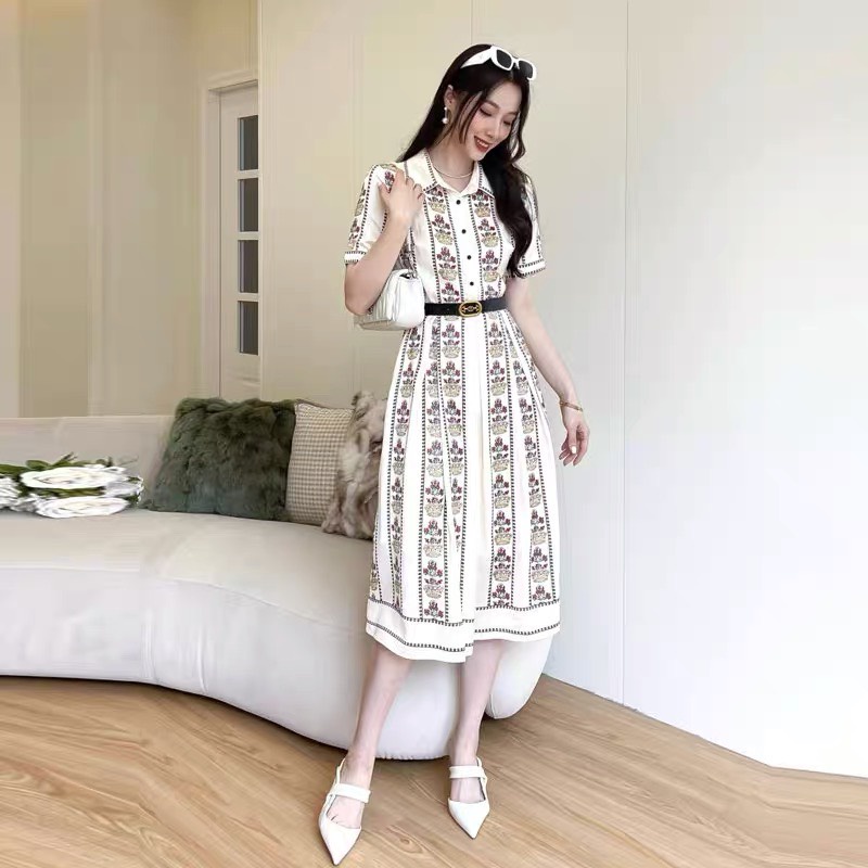 Đầm Lụa Sơ Mi Hoa Thương Hiệu Kèm Belt Sang Trọng