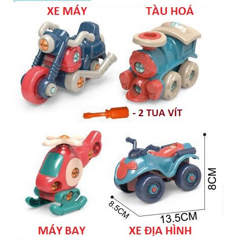 SET 4 Đồ chơi tàu hoả, máy bay , xe máy , xe địa hình có tua vít lắp ráp. Đồ chơi thông minh thoả sức sáng tạo cho bé