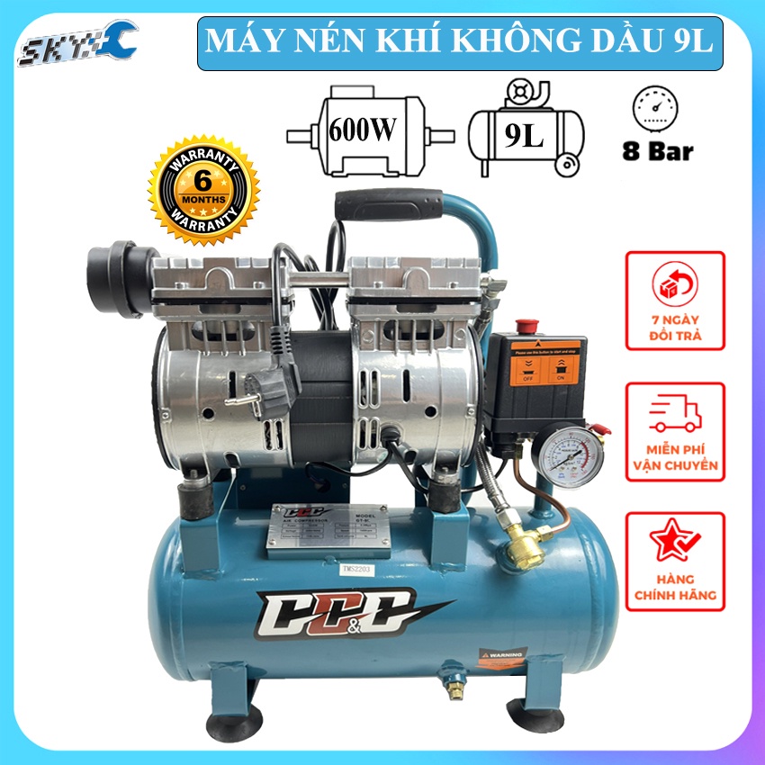 Máy nén khí không dầu, bình hơi mini dung tích 9 lít, công suất 600w, bắn đinh, bơm xe, xịt bụi, phun sơn