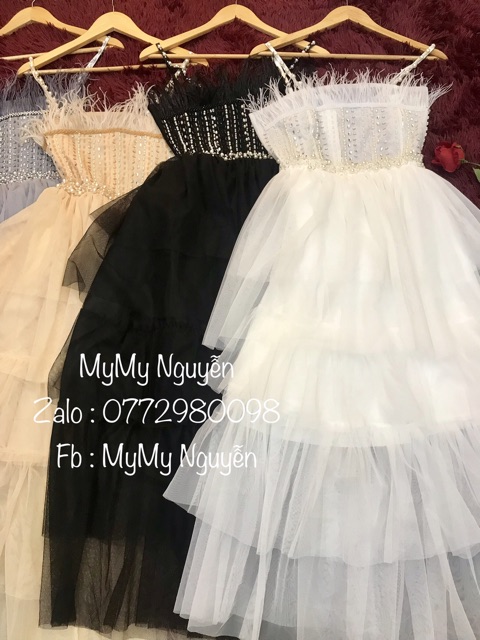 Đầm dự tiệc công chúa 2 dây xếp tầng phối lông công TRIPBLE T DRESS - Size M/L - MS162V