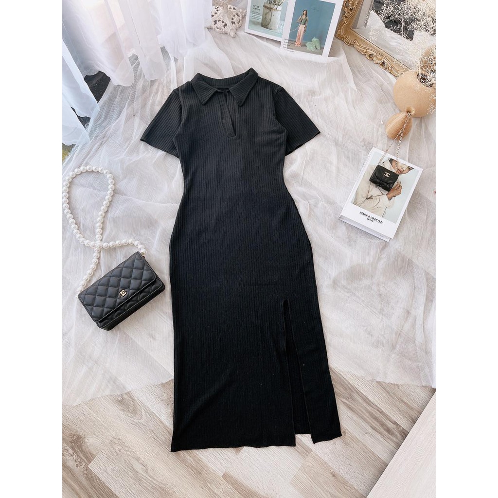 [Mã SKAMA06 giảm 8% tối đa 50K đơn 250K] Đầm đen midi cổ bẻ xẻ tà | BigBuy360 - bigbuy360.vn