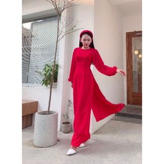 Áo dài đỏ 2 tà phối tay