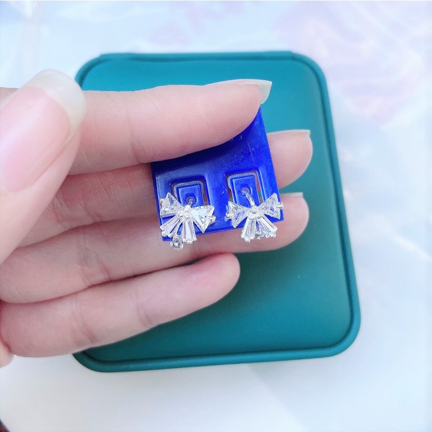 Bông tai hình nơ đính đá tam giác, khuyên tai chất liệu bạc ta cao cấp - Trang sức bạc Evasilver
