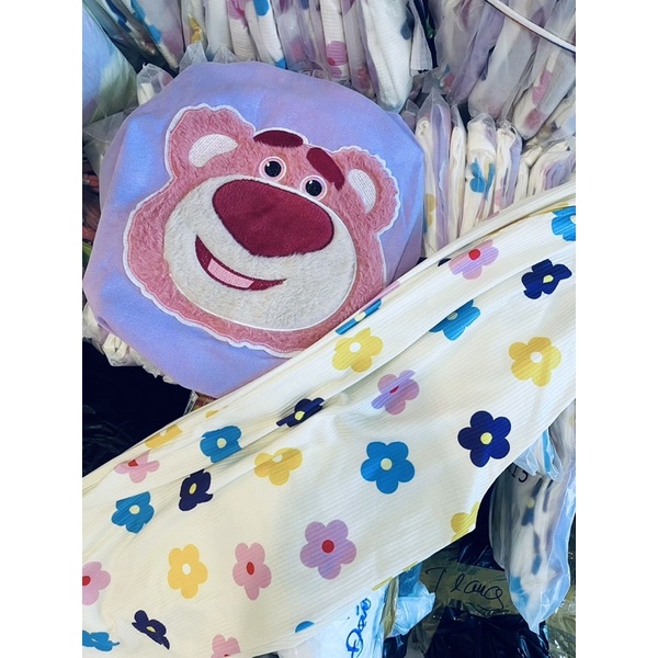 Set áo cotton tím gấu thêu quần suông hoa