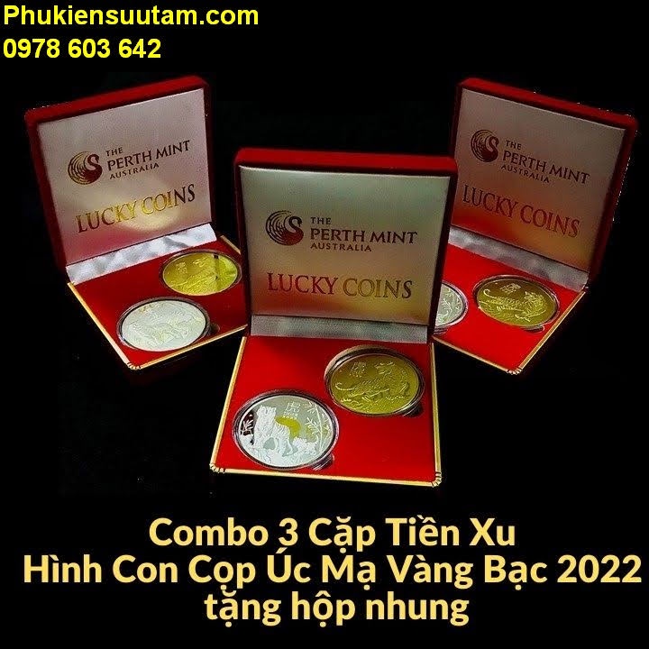 Combo 3 Cặp Tiền Xu Hình Con Cọp Úc Mạ Vàng Bạc 2022 tặng hộp nhung, Chất liệu Niken - TMT Collection - SP005499