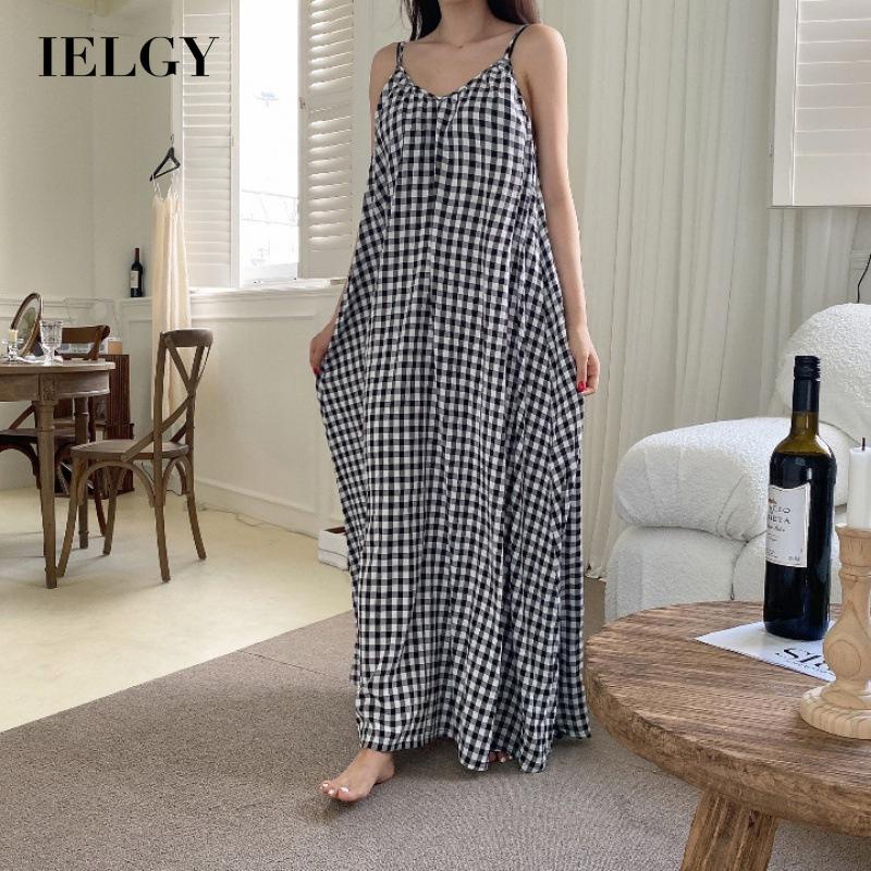 Đầm hai dây IELGY dáng chữ A cổ chữ V họa tiết kẻ sọc trắng đen thời trang cho nữ