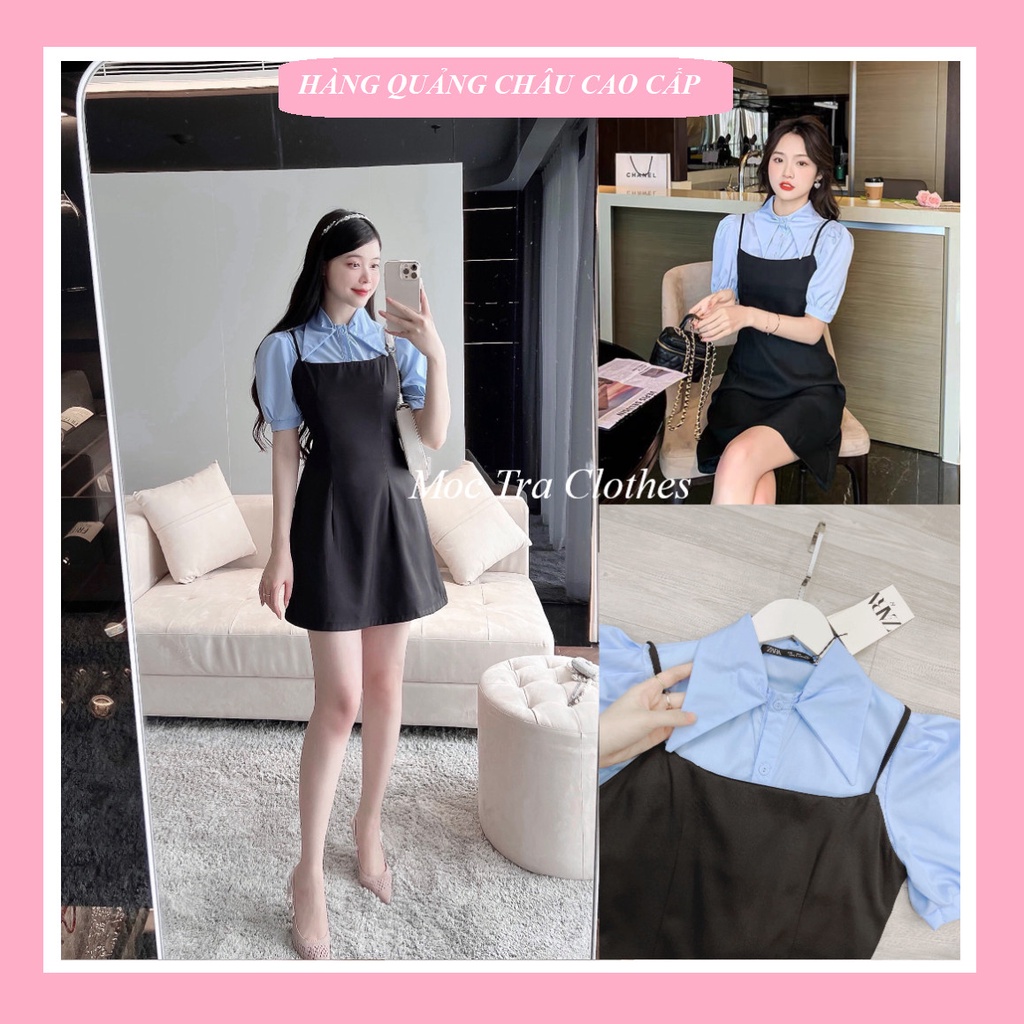 Set yếm nữ 2 món Quảng Châu thiết kế gồm áo sơ mi xanh và yếm váy chữ A rời siêu xinh, Set váy nữ học sinh trẻ trung
