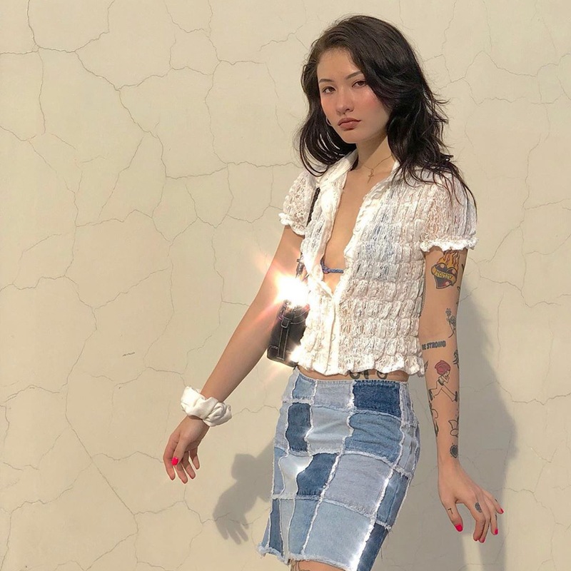 Áo kiểu DUNEA tay ngắn phối ren xếp ly thời trang quyến rũ cho nữ