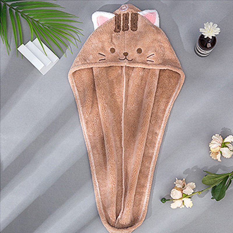 Khăn Quấn Tóc Bằng Vải Nhung San Hô Thấm Hút Nước Nhanh Khô Có Nút Hình Mèo Dễ Thương Cho Nữ