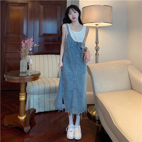 Đầm Yếm Denim Dáng Rộng Xẻ Tà Thời Trang Cho Nữ