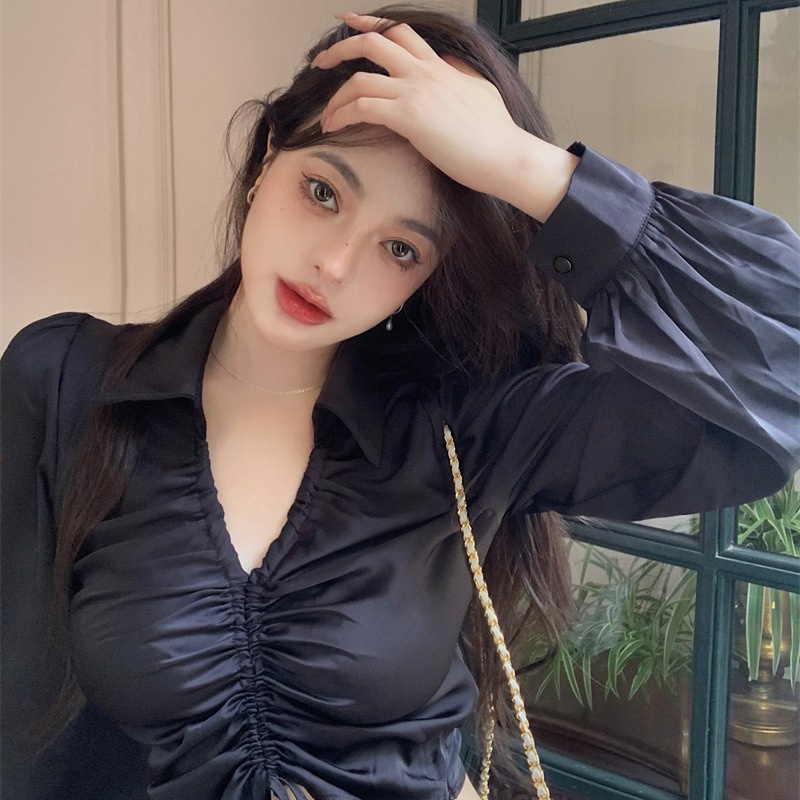 Áo Sơ Mi Croptop Tay Dài Cổ Chữ V Màu Sắc Đơn Giản Phối Dây Rút Phong Cách Hàn Quốc Cho Nữ